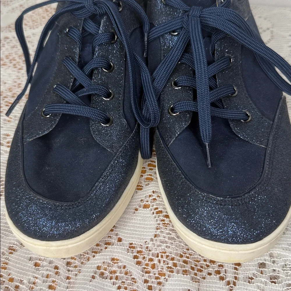 Antonio Melani blue leather glitter shimmer lace up tennis shoes sneakers sz 8.5
